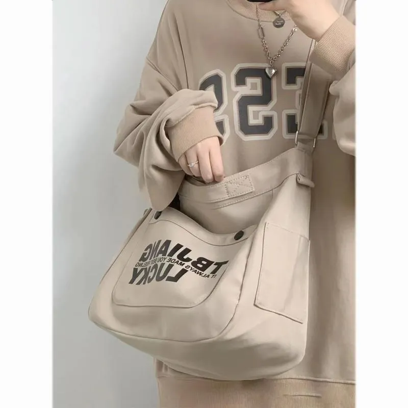 Amozae-Back To School Gifts Letters Large Canvas Crossbody Bag