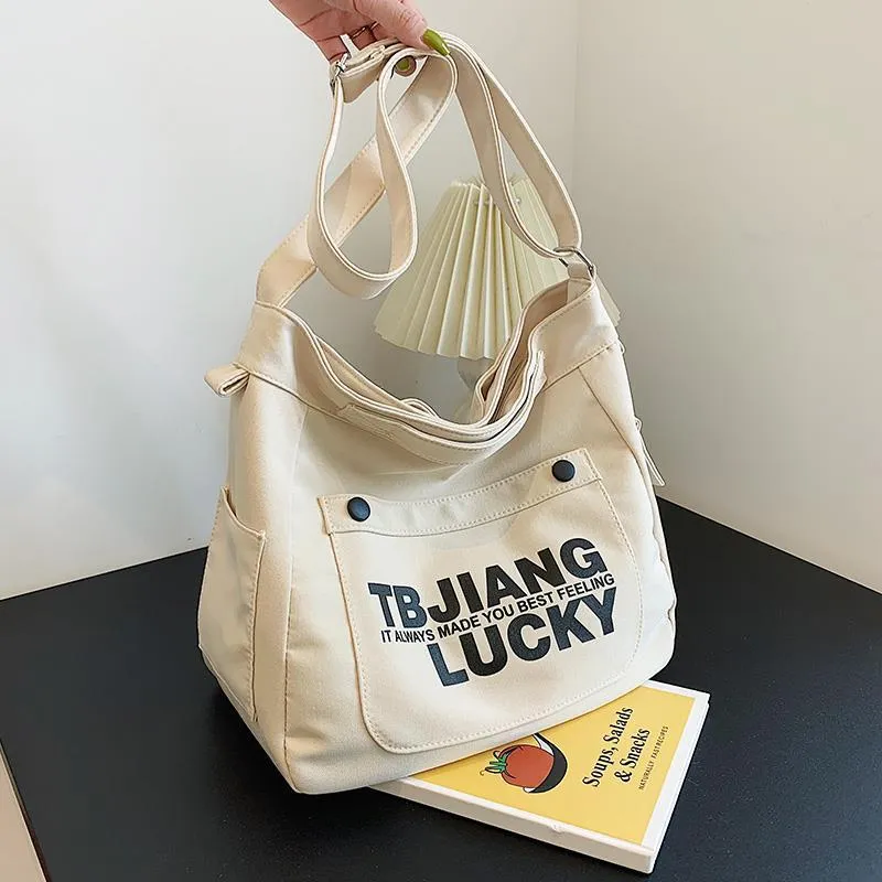 Amozae-Back To School Gifts Letters Large Canvas Crossbody Bag