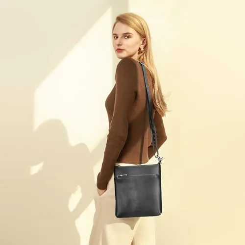 befen Small Genuine Leather Crossbody Purse Bags for Women Travel Shoulder Bag with Double Zip Pocket Air Force Blue