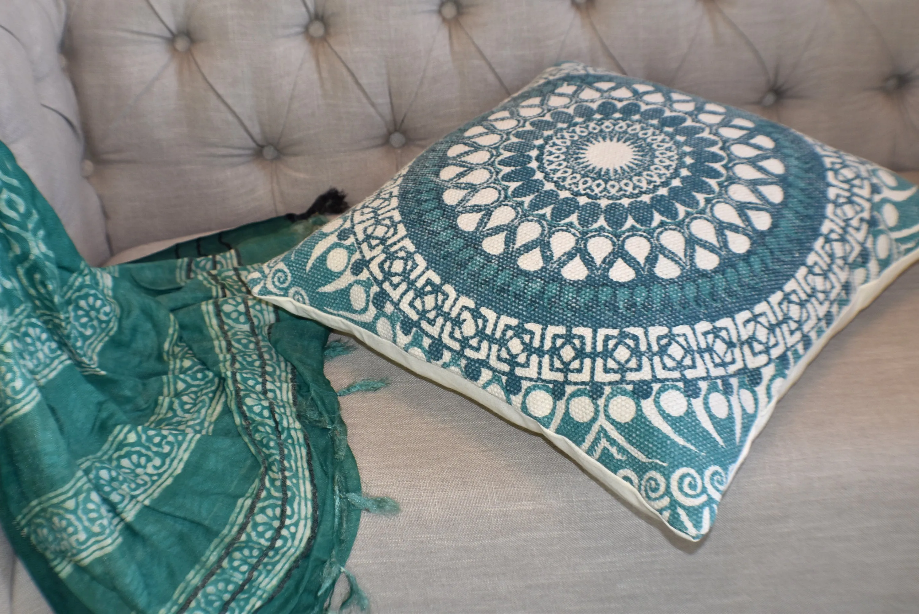 Block Print Daisy Green Mandala Cotton Dari Cushion 50 cms