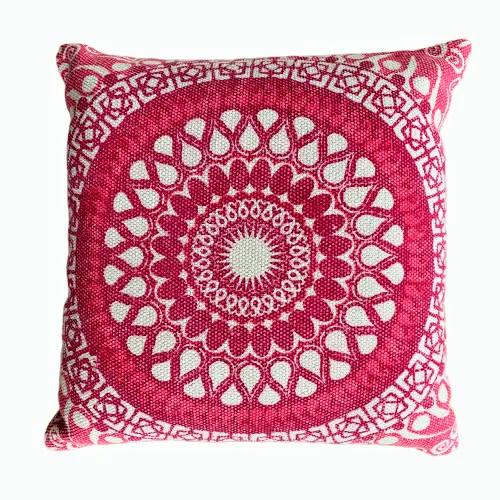 Block Print Pink Daisy Mandala Dari Cushion 50 cms