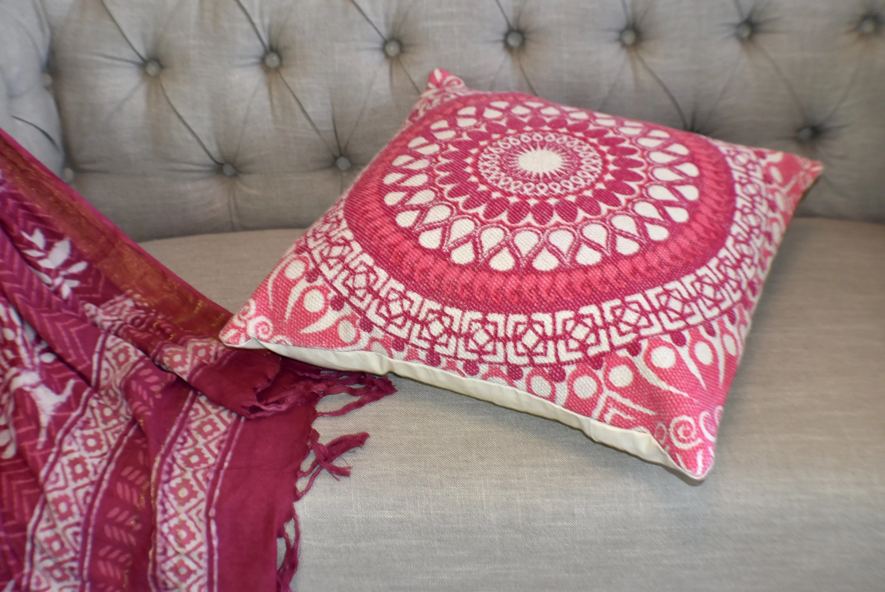 Block Print Pink Daisy Mandala Dari Cushion 50 cms