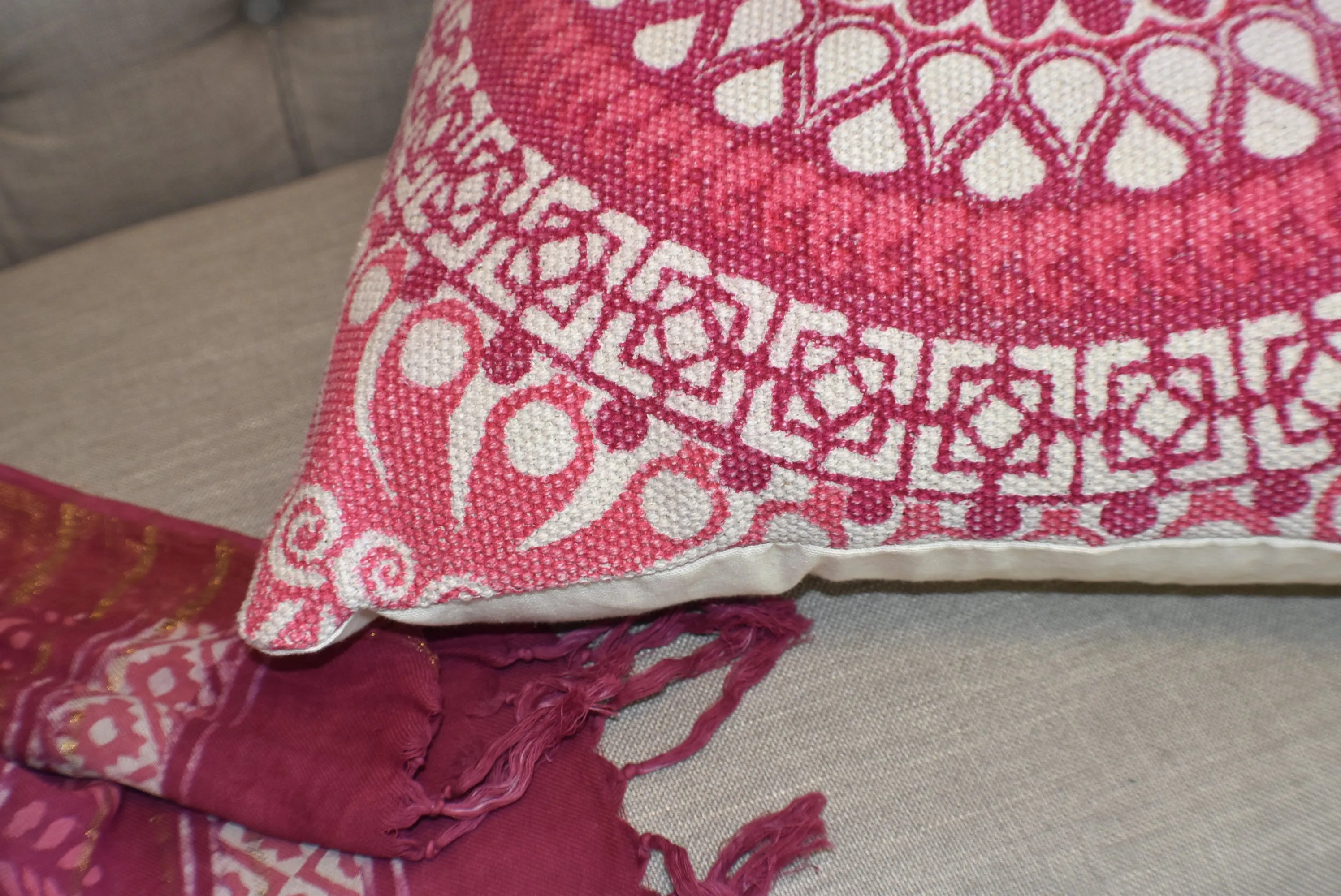 Block Print Pink Daisy Mandala Dari Cushion 50 cms