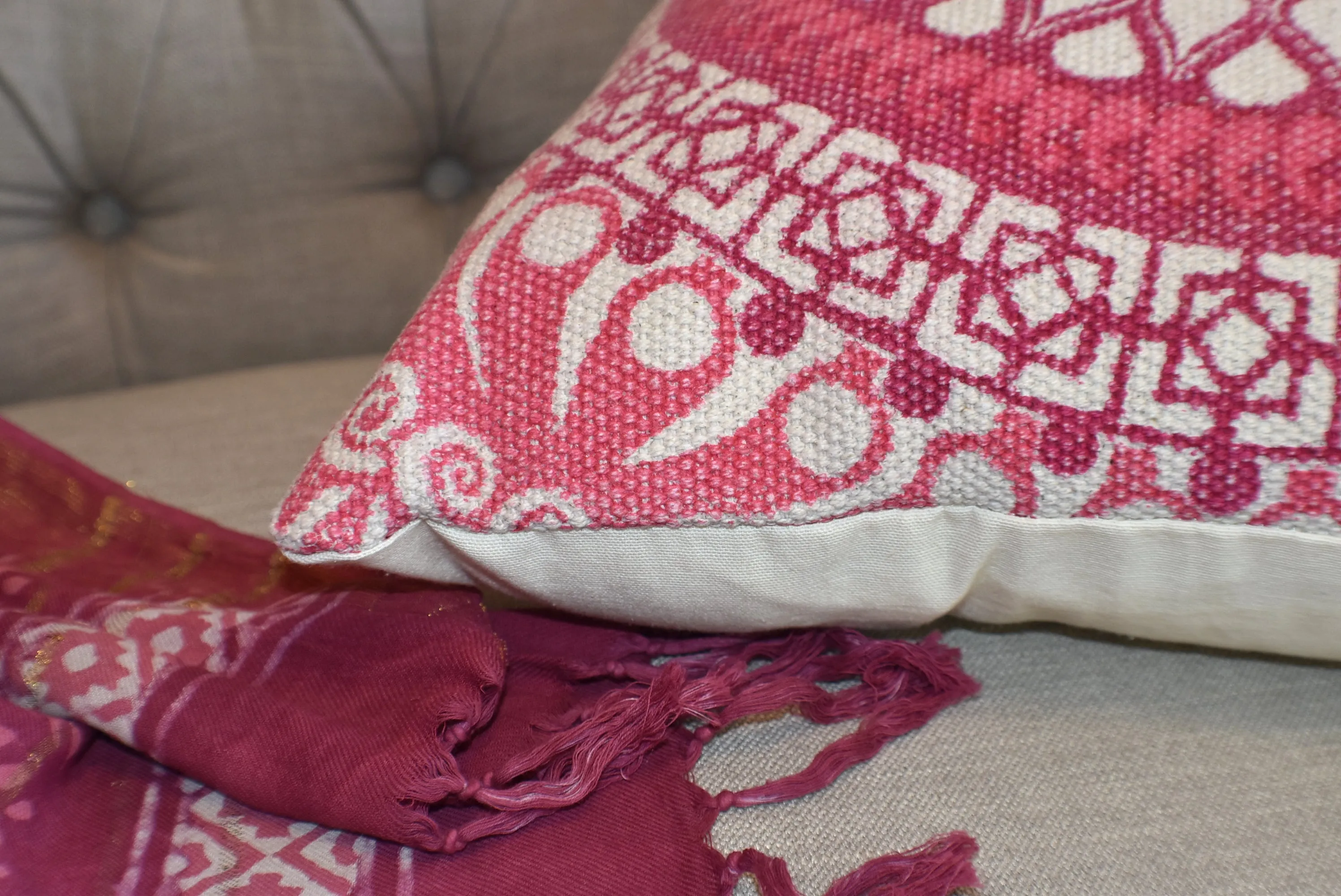 Block Print Pink Daisy Mandala Dari Cushion 50 cms