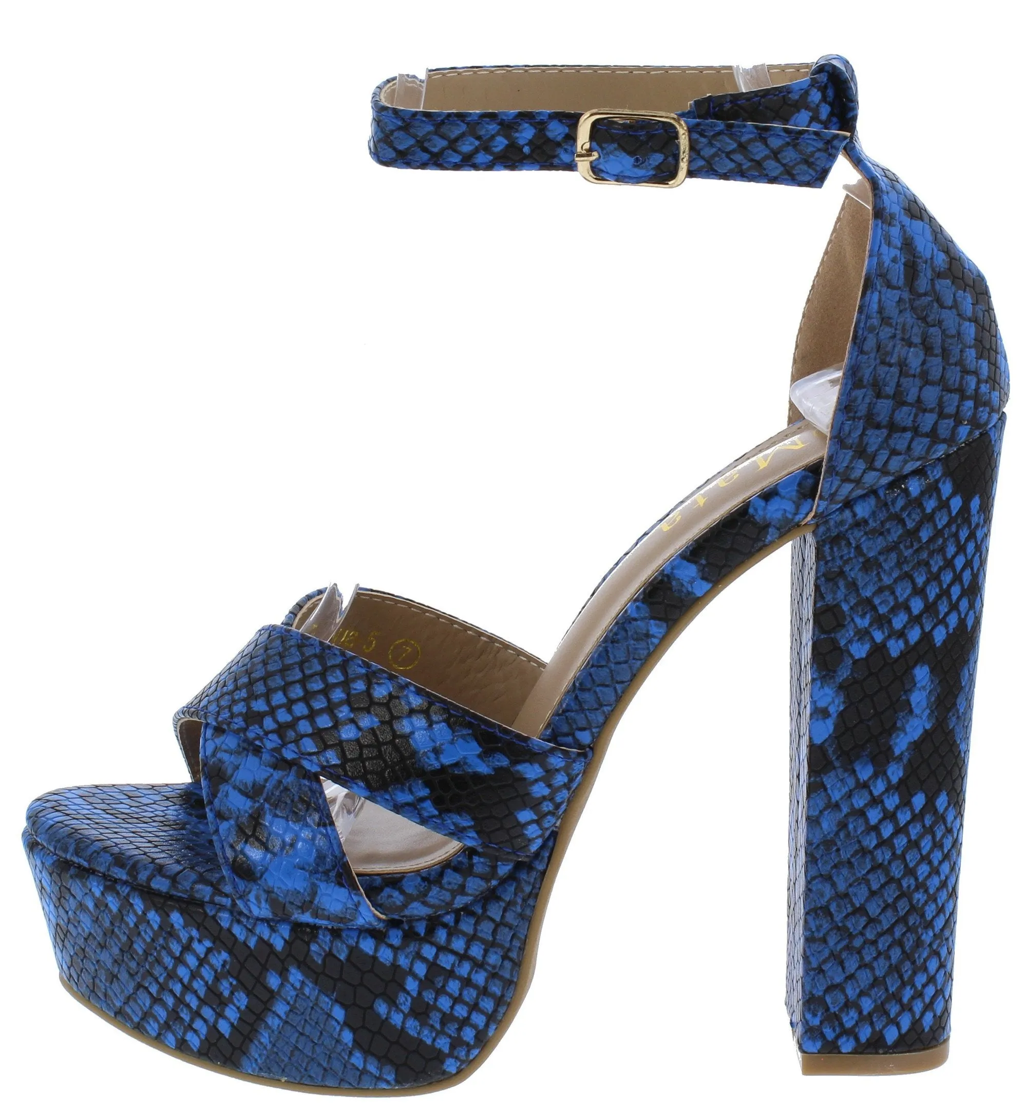 Blue Mamba Snake Print Open Toe Ankle Strap Platform Heels