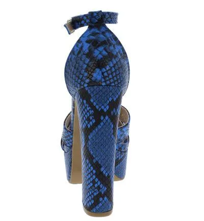 Blue Mamba Snake Print Open Toe Ankle Strap Platform Heels