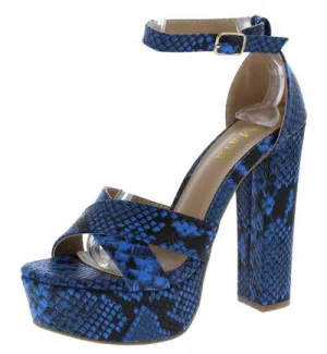 Blue Mamba Snake Print Open Toe Ankle Strap Platform Heels