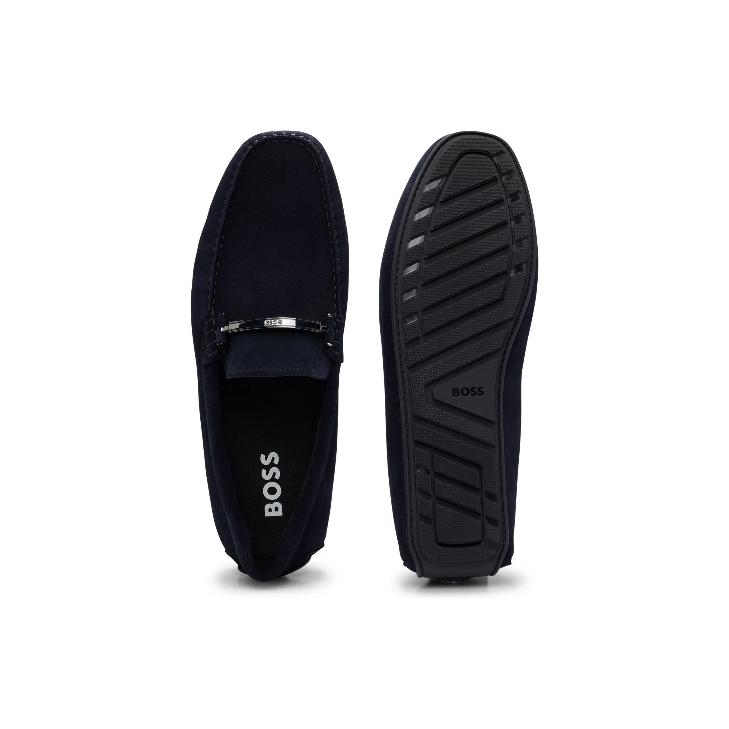 BOSS SUEDE LOAFERS WITH BRANDED METAL DETAILS AND INTERNAL LINING