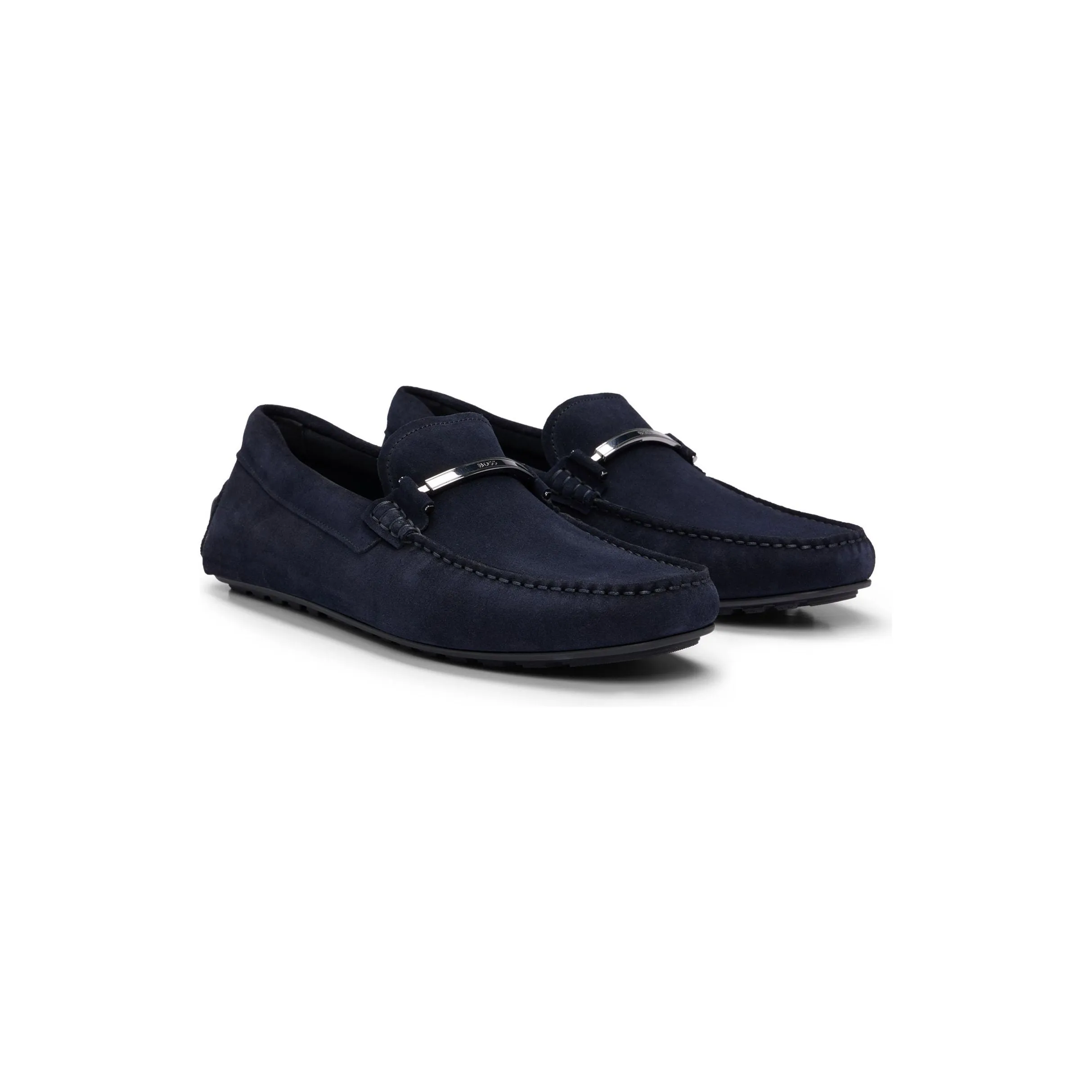 BOSS SUEDE LOAFERS WITH BRANDED METAL DETAILS AND INTERNAL LINING