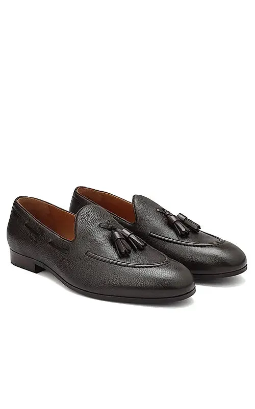 Coffee Leather Loafers With Tassels
