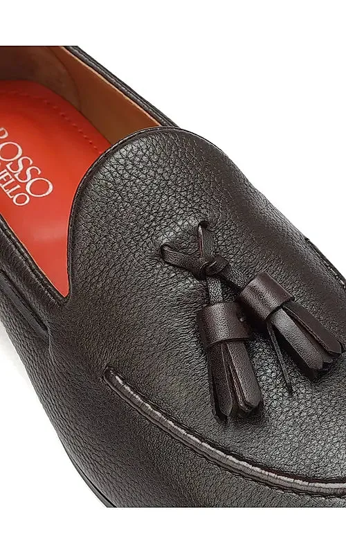 Coffee Leather Loafers With Tassels