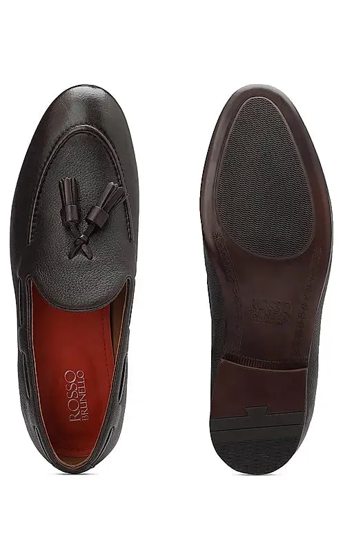 Coffee Leather Loafers With Tassels