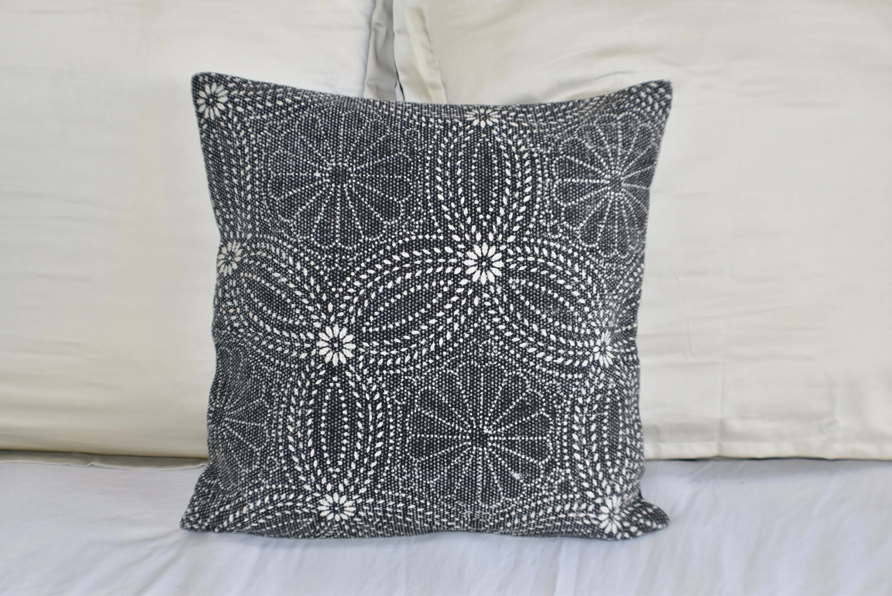 Cotton Black Flower Block Print Cotton Dari Cushion Cover 45cm