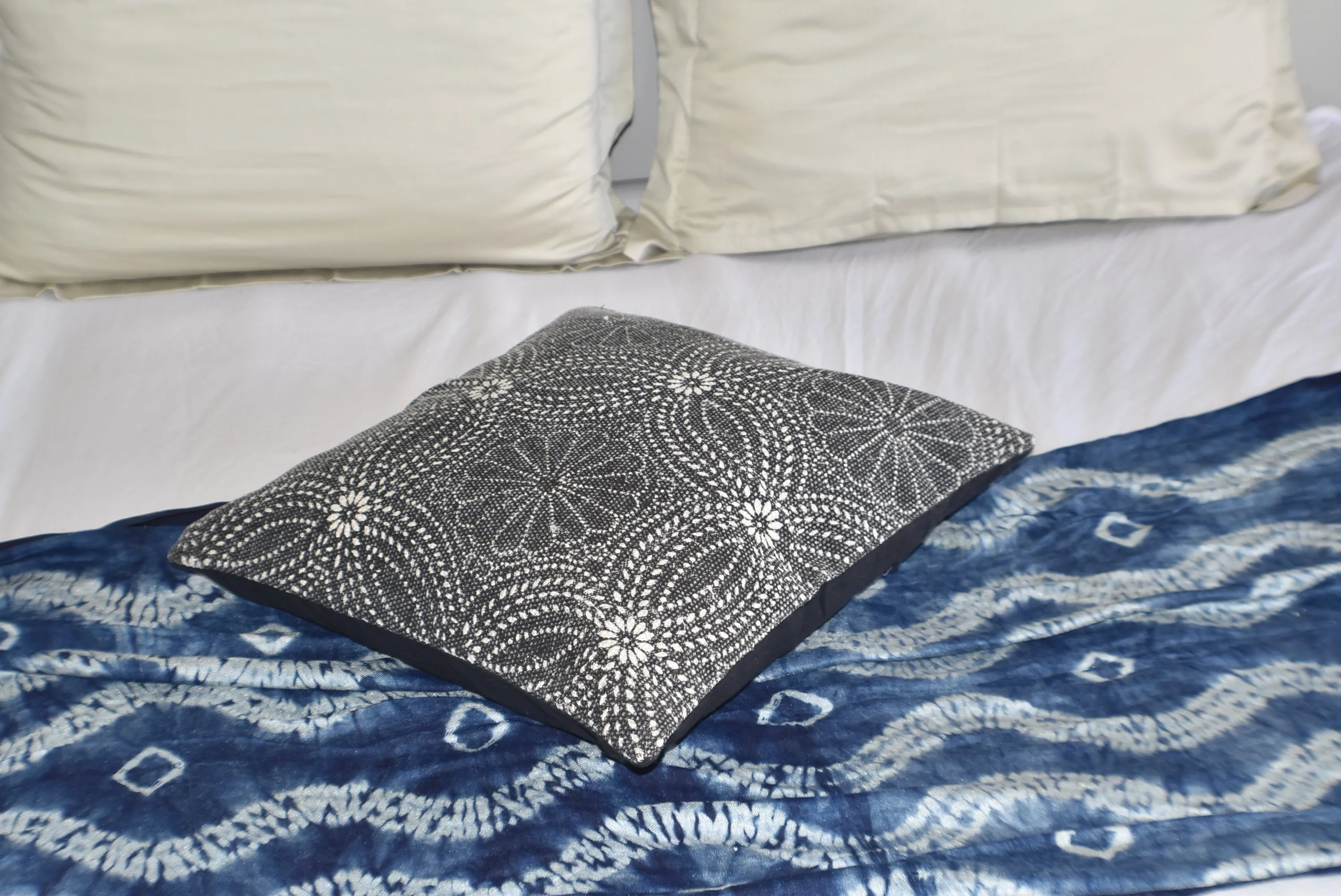 Cotton Black Flower Block Print Cotton Dari Cushion Cover 45cm