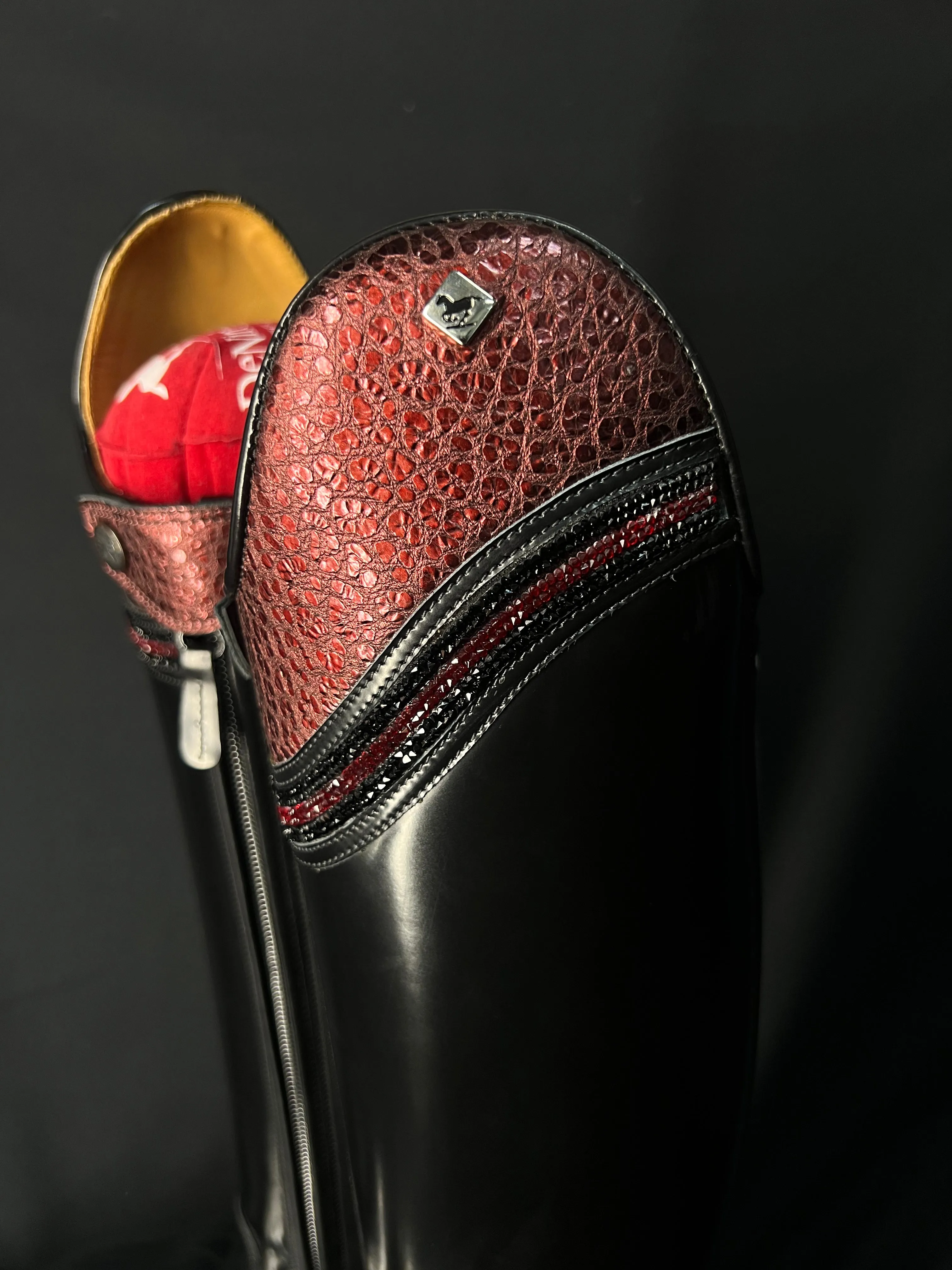 DeNiro Bellini Custom Dressage Boots Brushed Black with Bordeaux and Jet Crystals