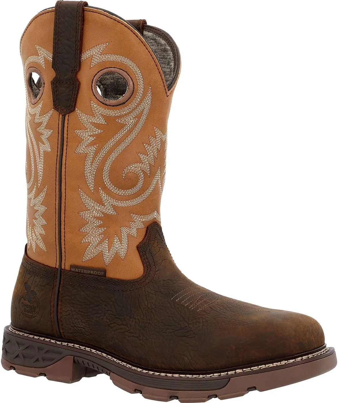 Georgia Boot Carbo-Tec FLX 11" Waterproof Alloy Toe Pull On Work Boot, Brown And Orange, Size 8.5(W)