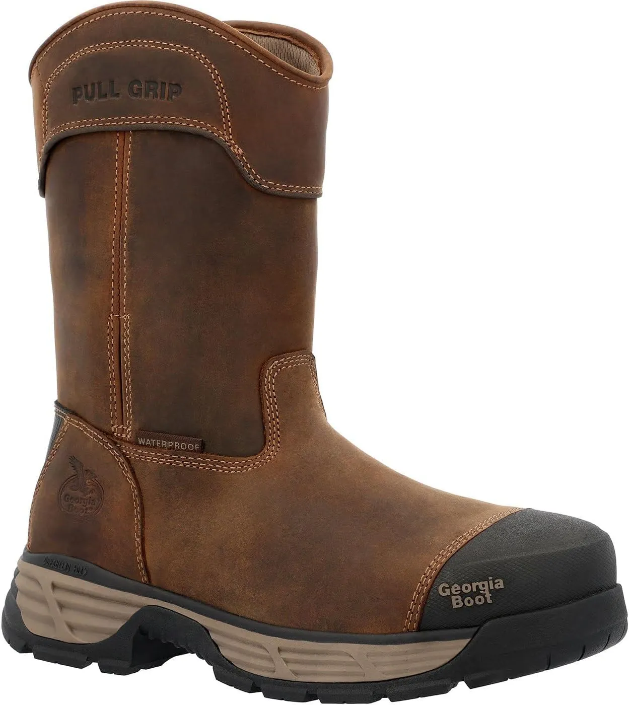 Georgia Boot Durablend Edge 10" Waterproof Alloy Toe Pull On Work Boot, Brown, Size 11(M)