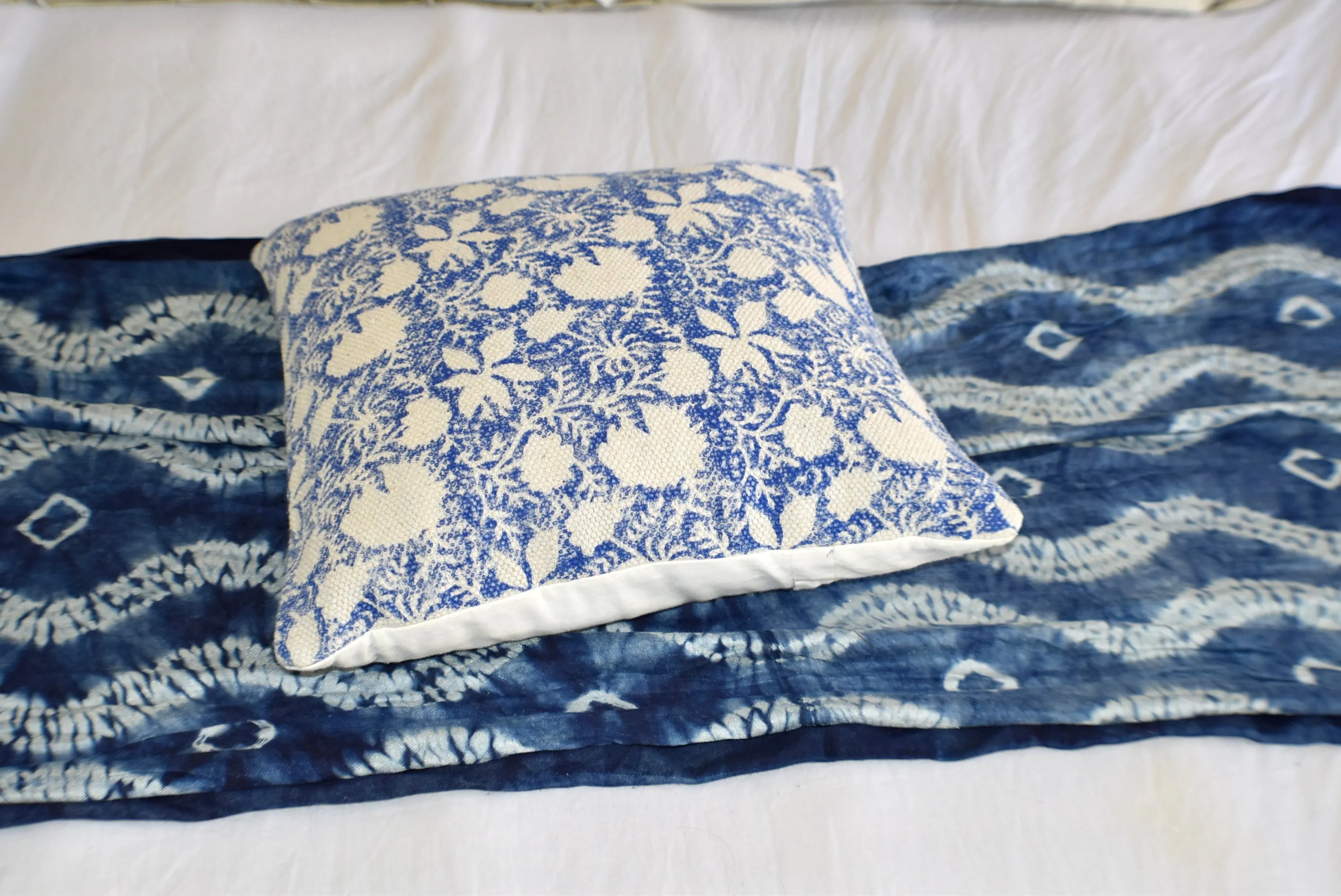 Indigo Flower Block Print Cotton Dari Cushion Cover 45cm