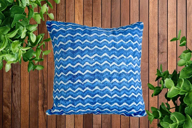 Indigo Zigzag Block Print Cotton Dari Cushion Cover 45cm