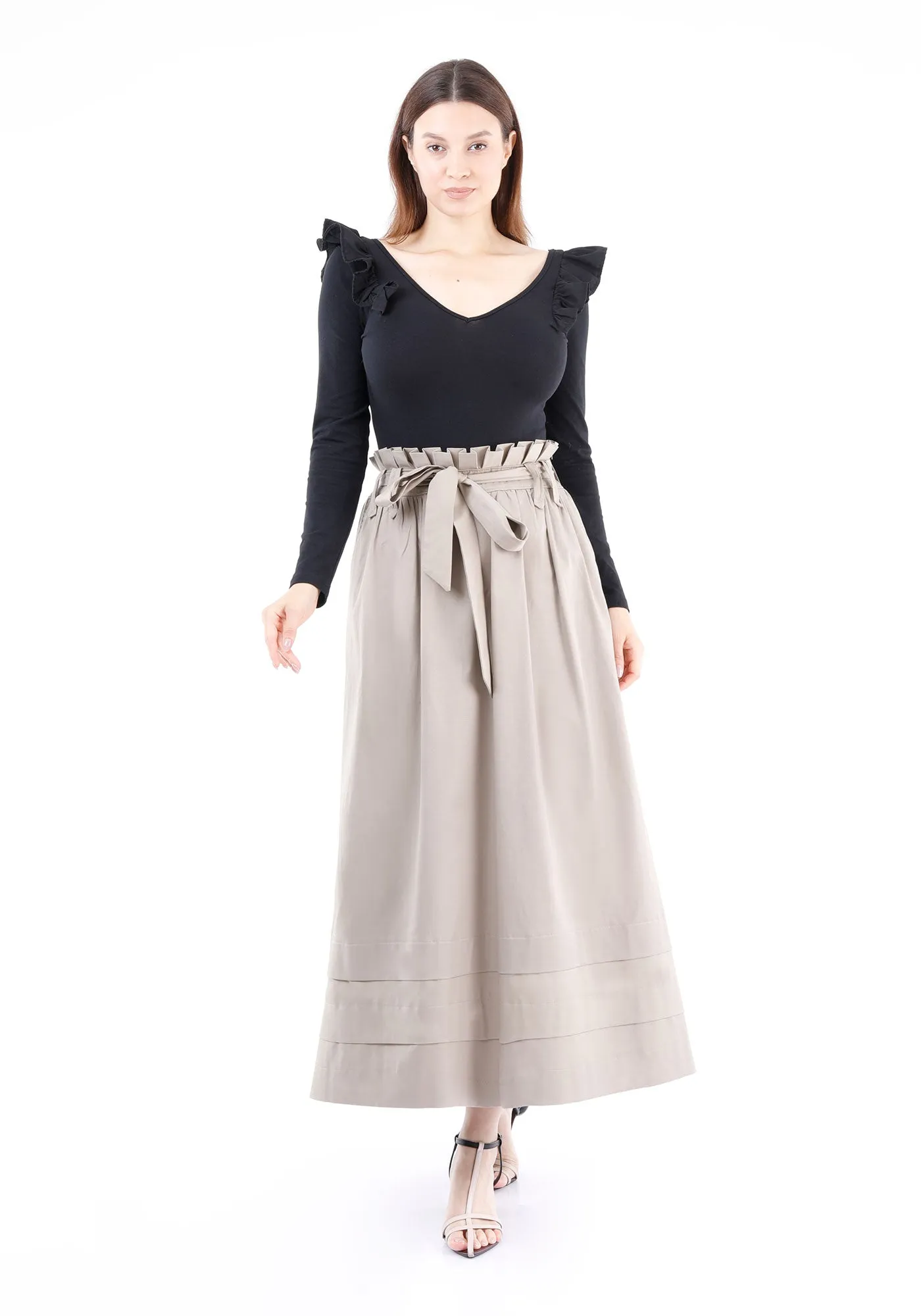 Paper Bag Flared A-Line Maxi Skirt With Pockets And Belt