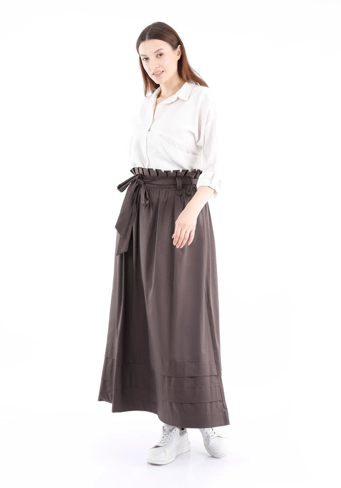 Paper Bag Flared A-Line Maxi Skirt With Pockets And Belt