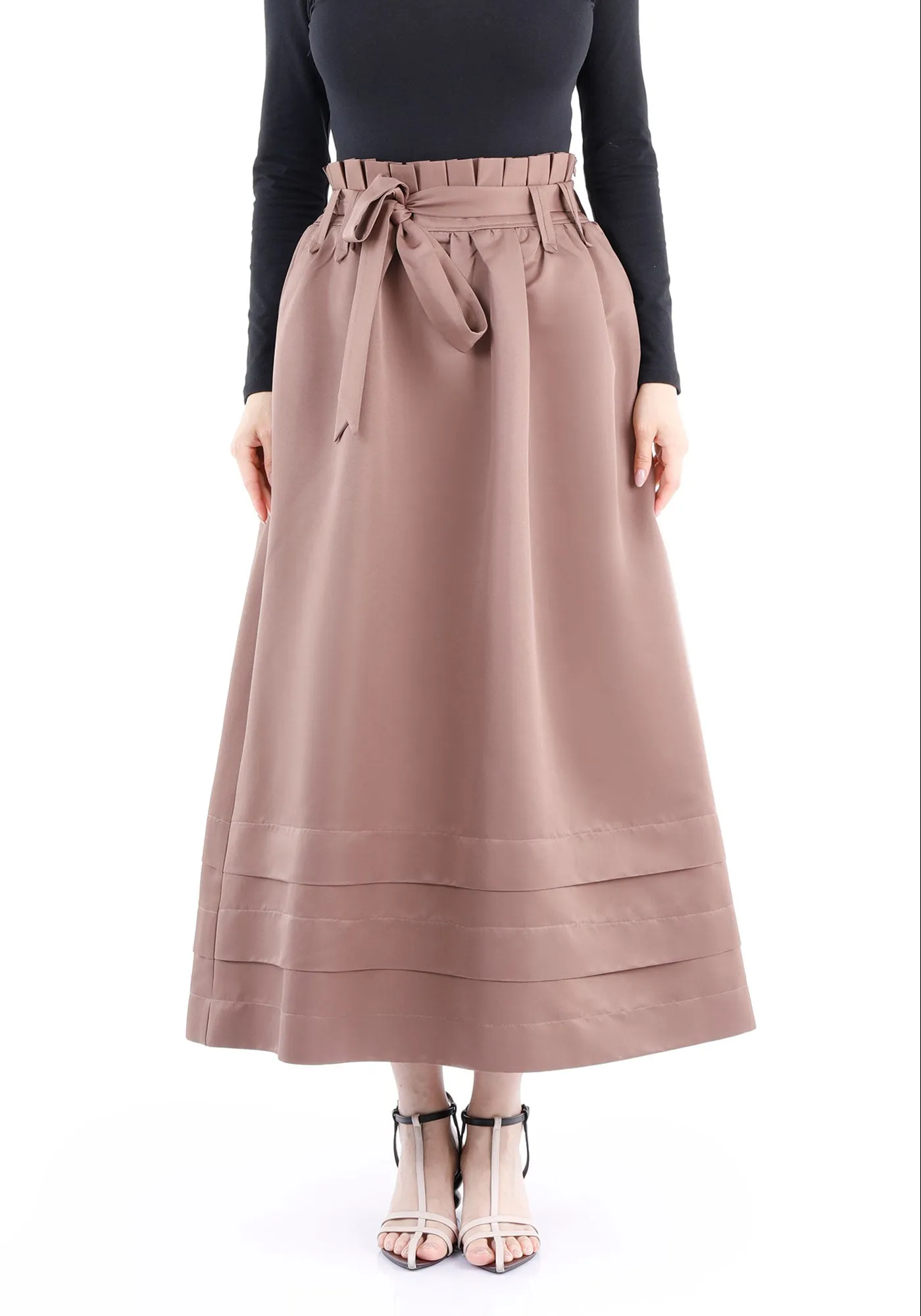 Paper Bag Flared A-Line Maxi Skirt With Pockets And Belt