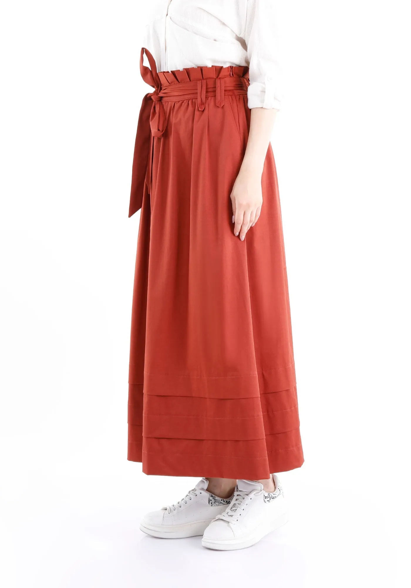 Paper Bag Flared A-Line Maxi Skirt With Pockets And Belt