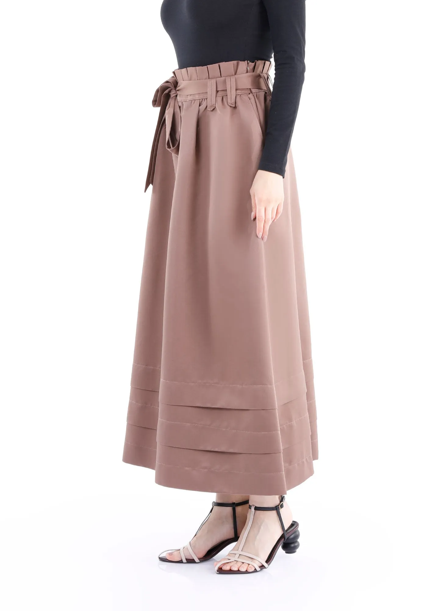 Paper Bag Flared A-Line Maxi Skirt With Pockets And Belt