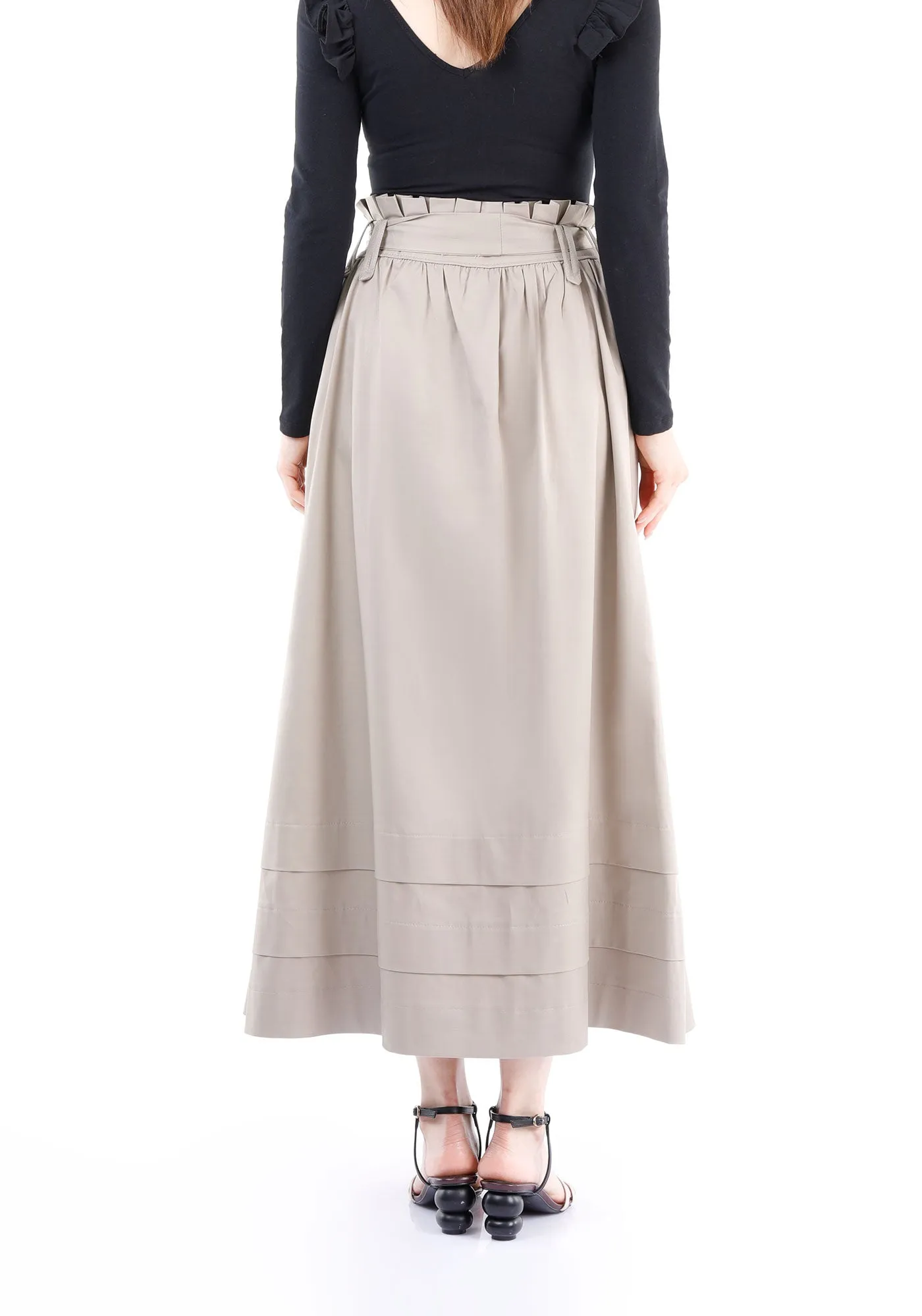 Paper Bag Flared A-Line Maxi Skirt With Pockets And Belt