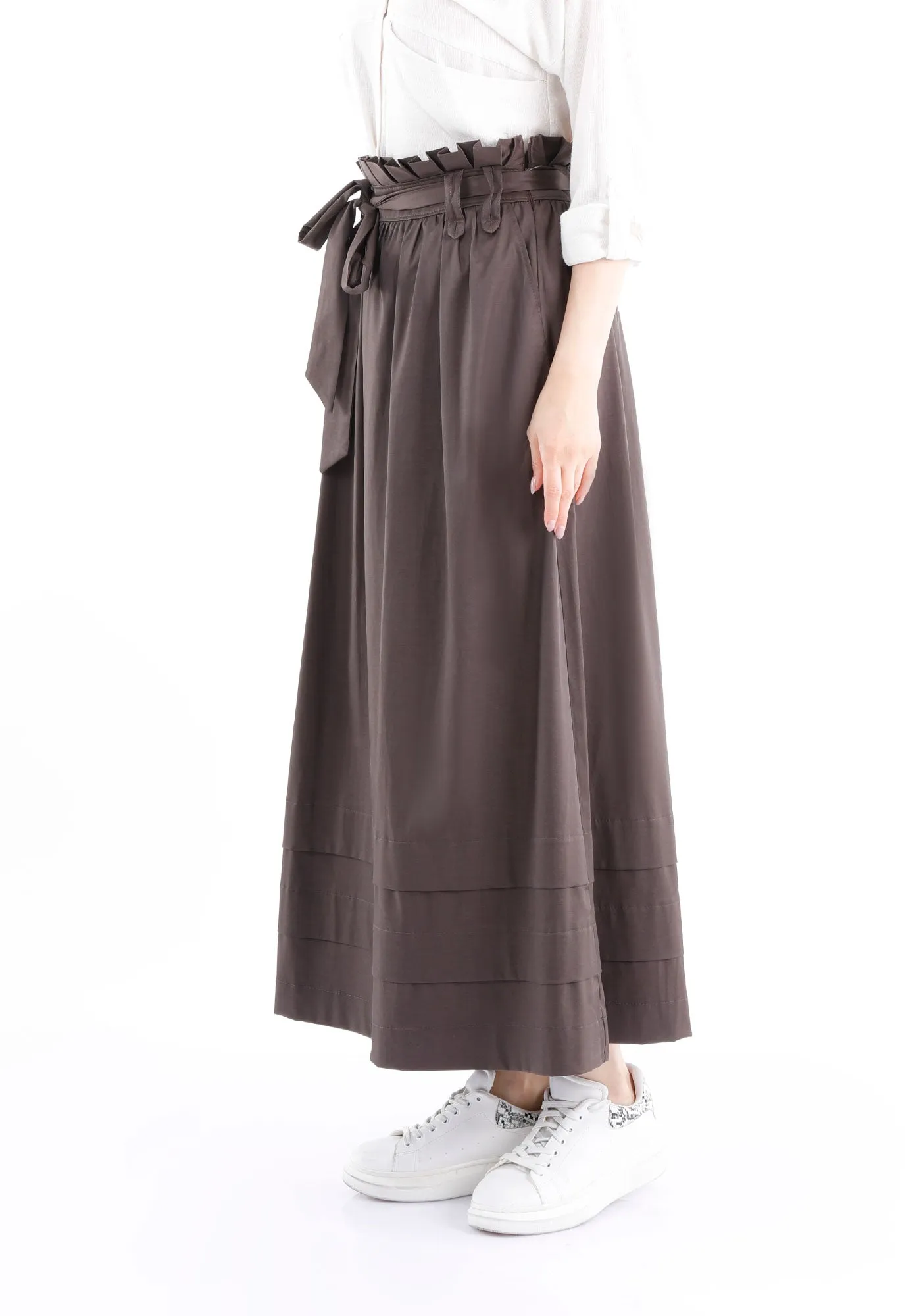 Paper Bag Flared A-Line Maxi Skirt With Pockets And Belt