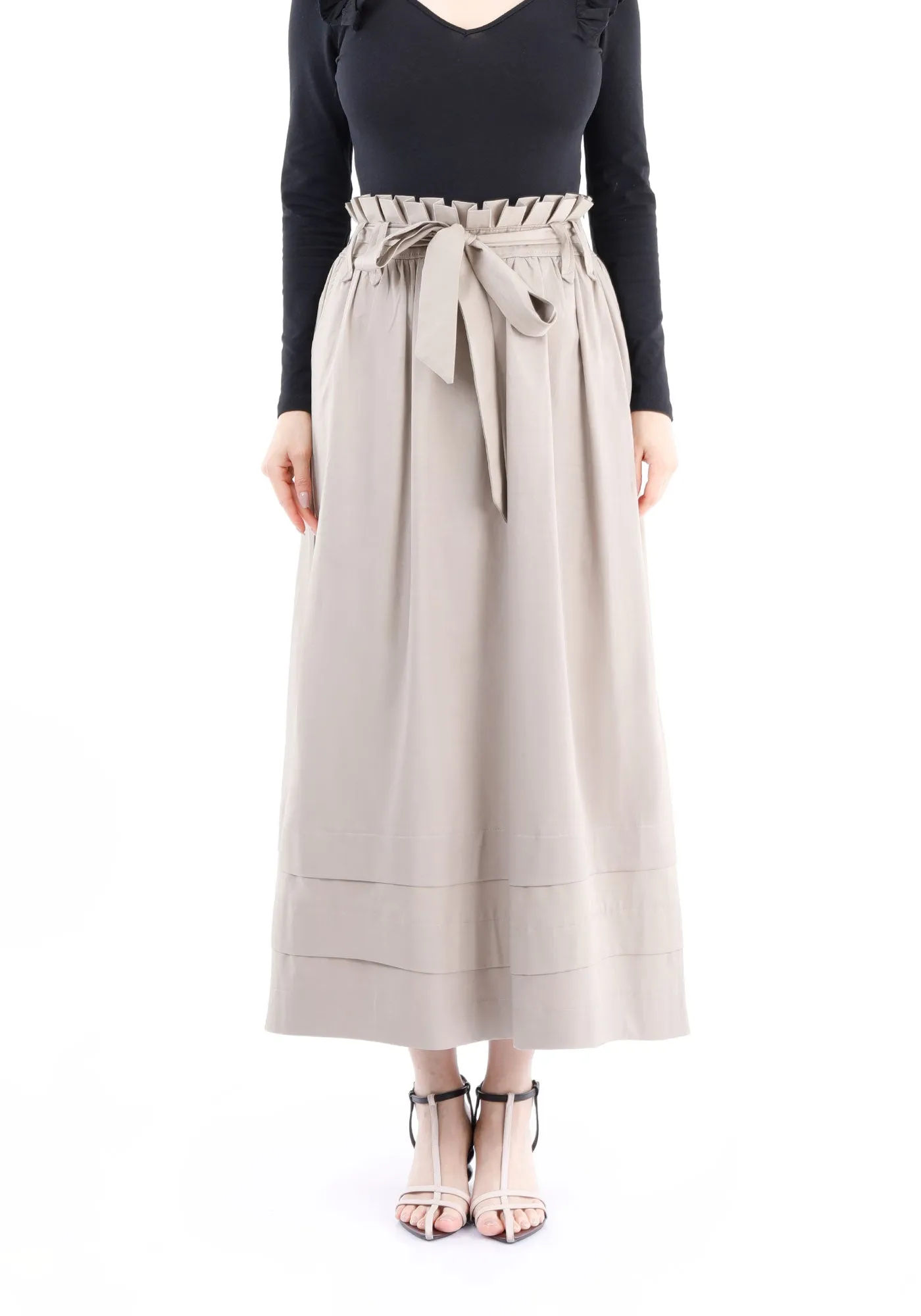 Paper Bag Flared A-Line Maxi Skirt With Pockets And Belt