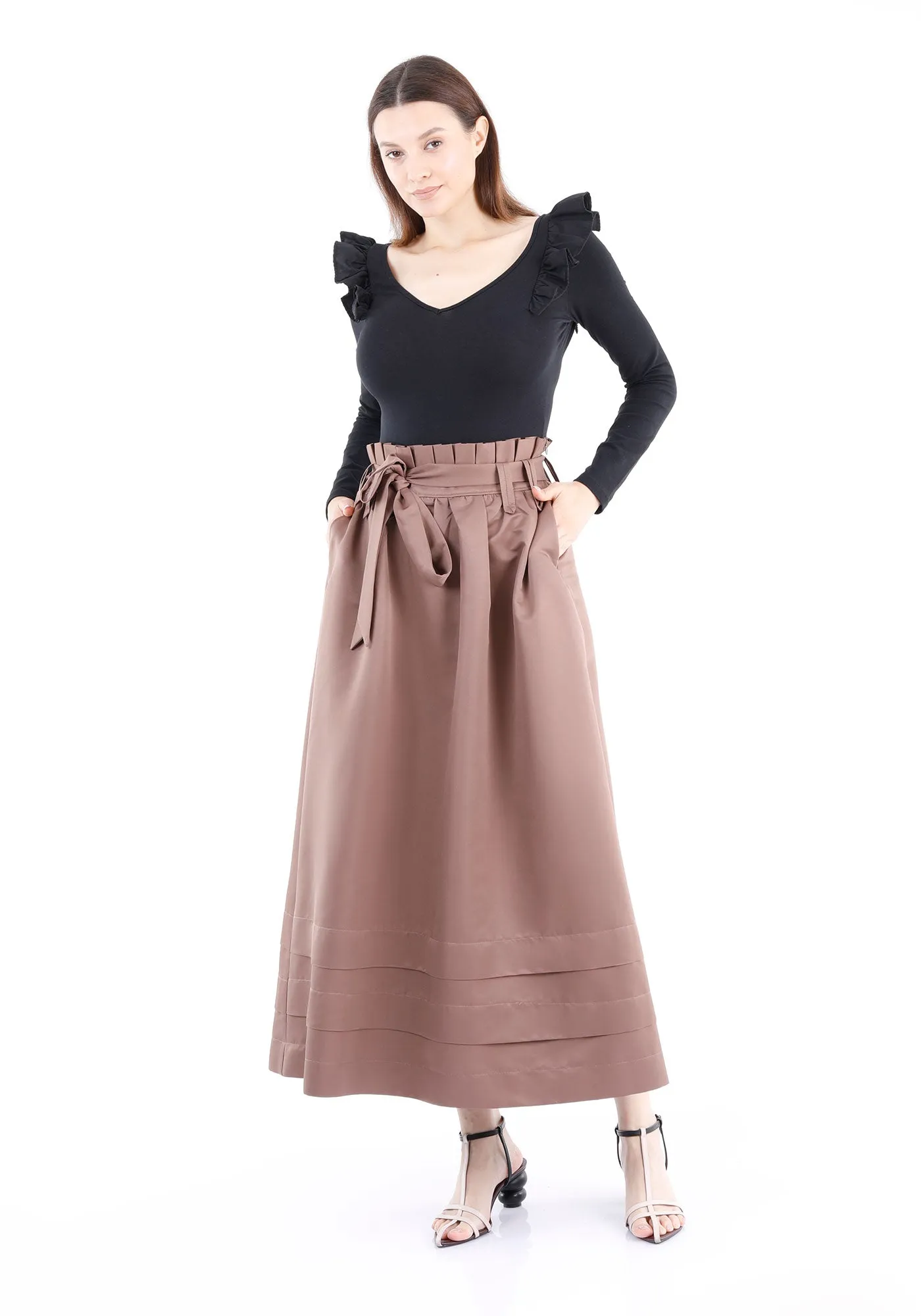 Paper Bag Flared A-Line Maxi Skirt With Pockets And Belt