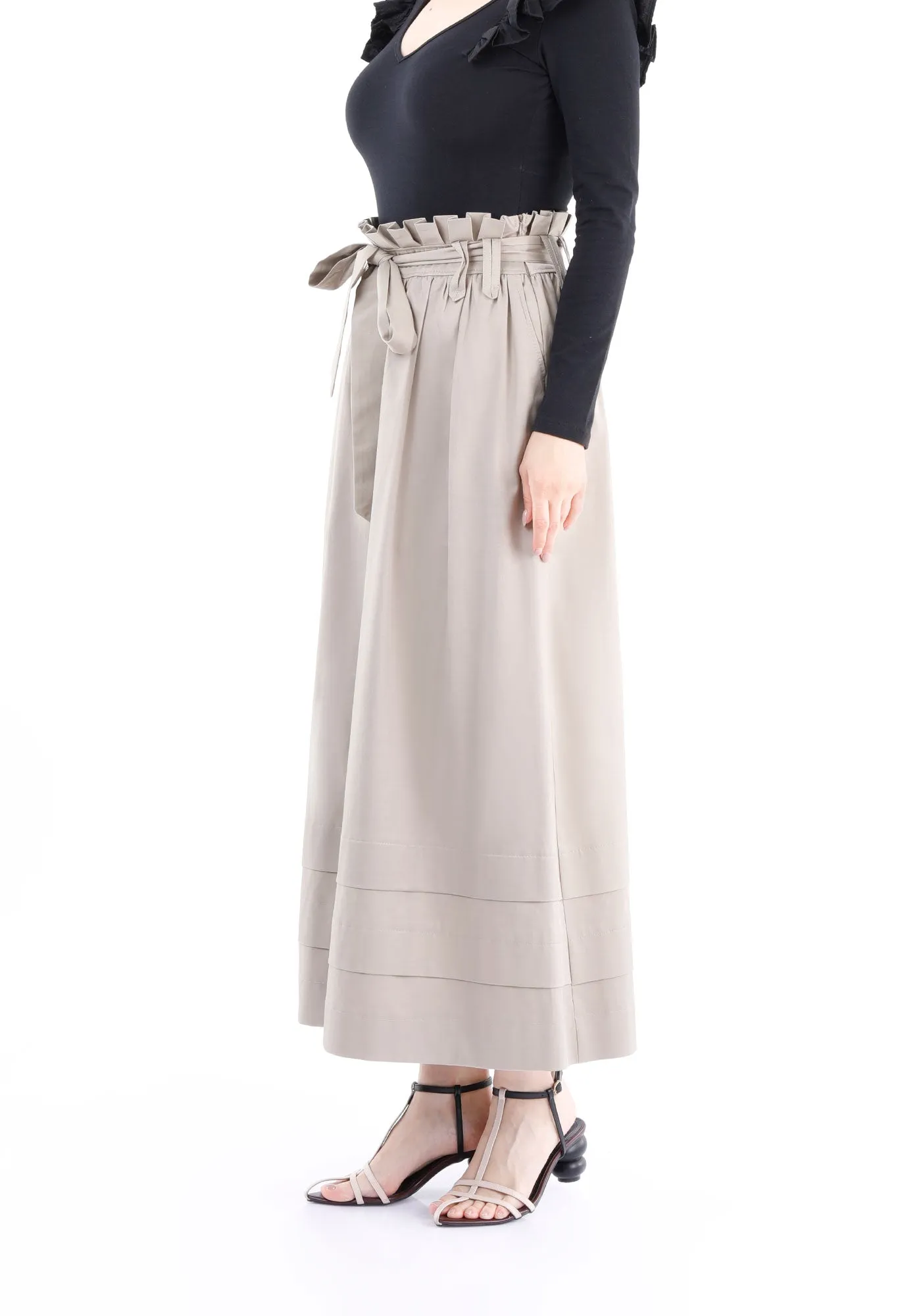 Paper Bag Flared A-Line Maxi Skirt With Pockets And Belt