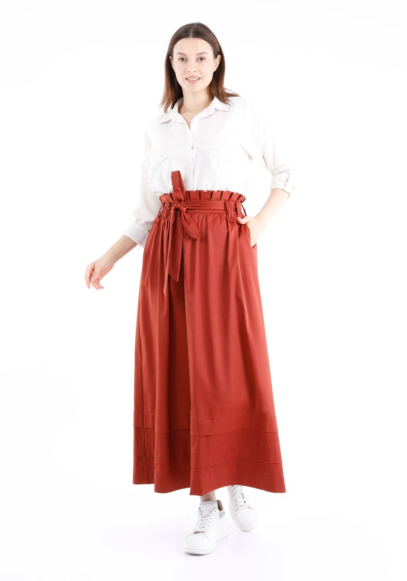 Paper Bag Flared A-Line Maxi Skirt With Pockets And Belt