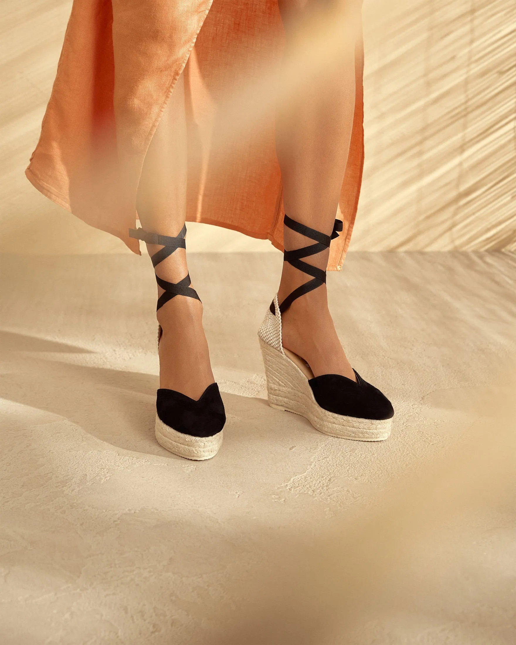 Soft Suede Heart-Shaped Wedge Espadrilles - K10WH - Hamptons Black
