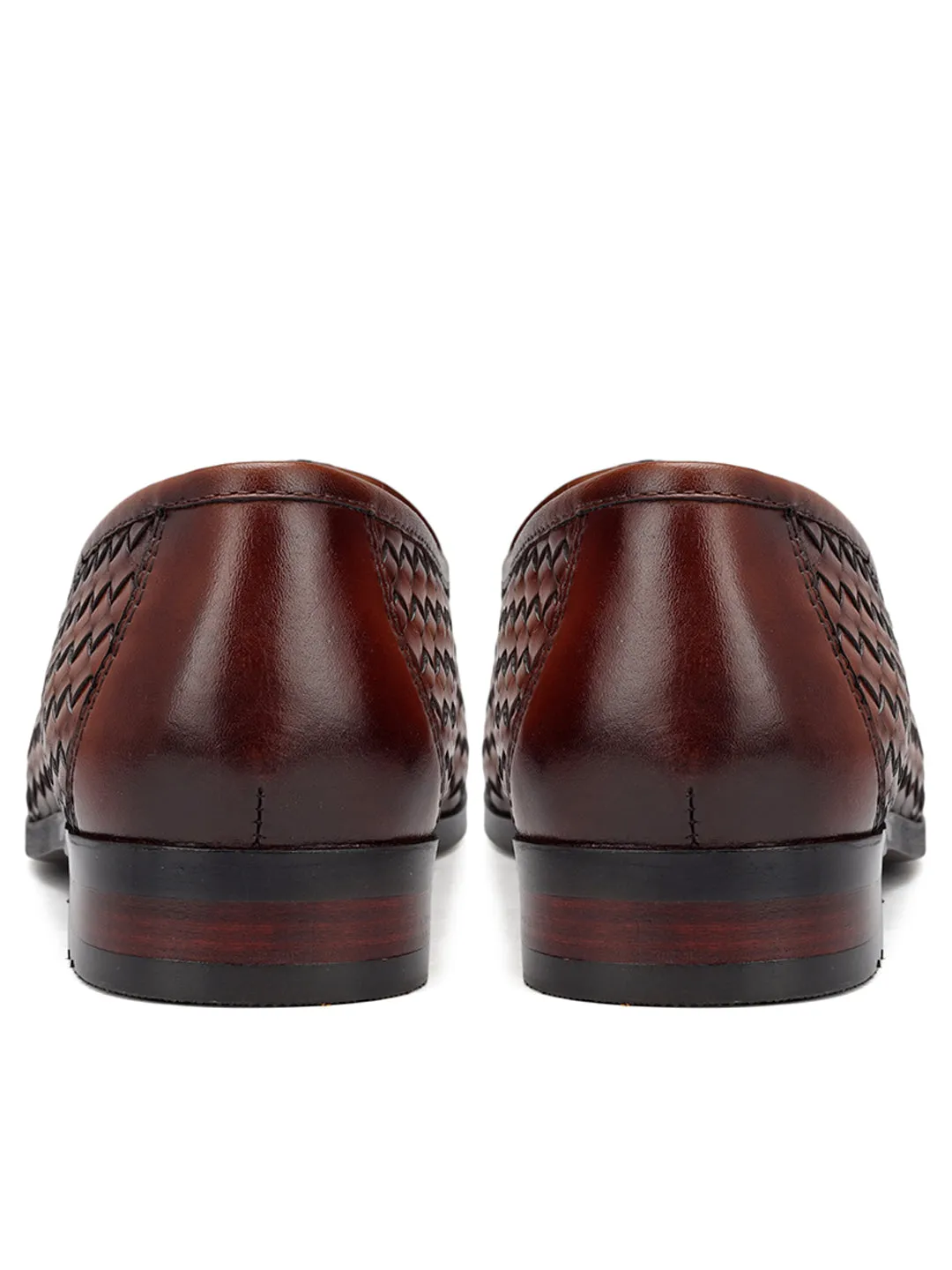 Tan Woven Leather Loafers With Tassels