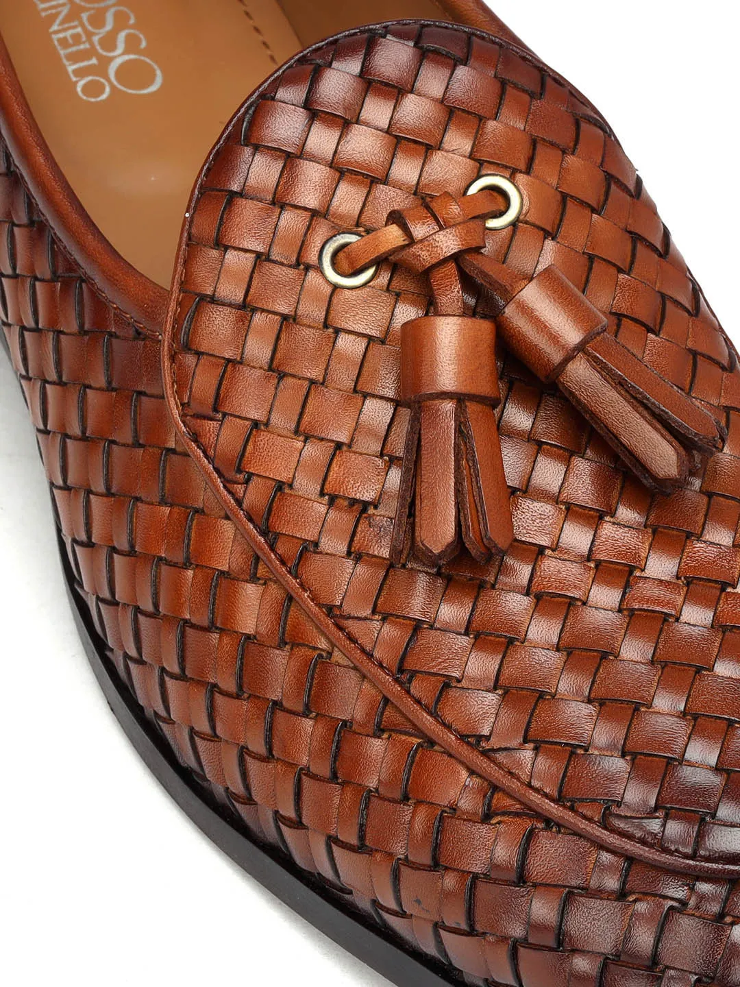 Tan Woven Leather Loafers With Tassels