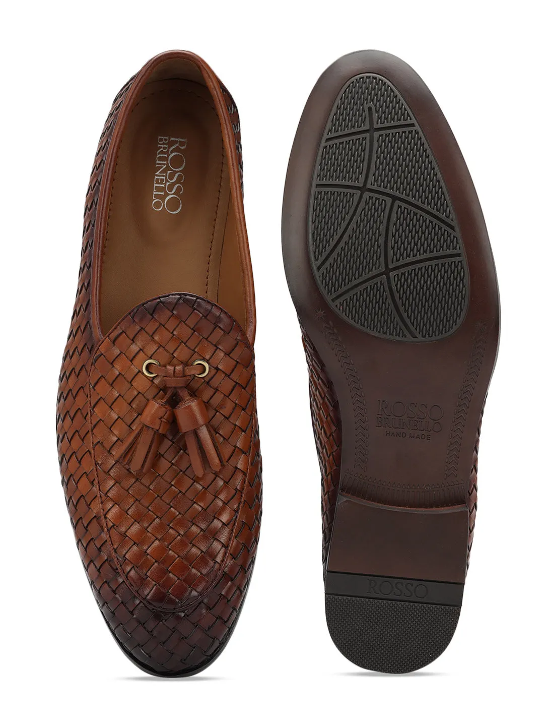 Tan Woven Leather Loafers With Tassels