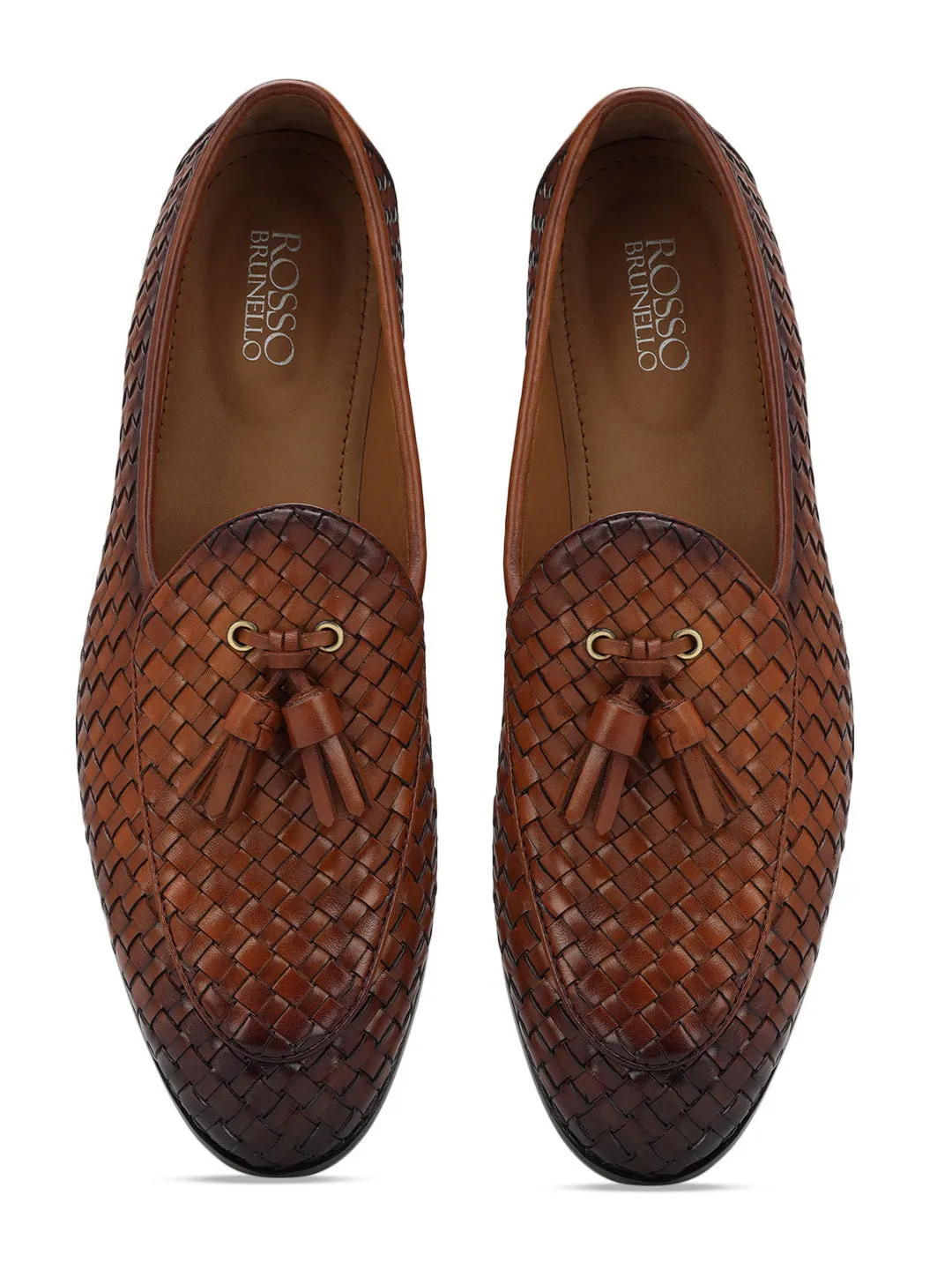 Tan Woven Leather Loafers With Tassels