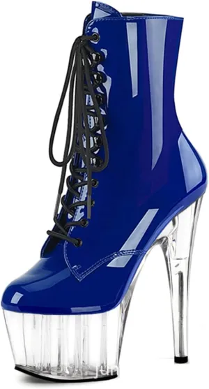 WOilERQ Sexy Crystal Platform Booties for Women Stiletto Crystal Heel Round Toe Mid Calf Boot Sexy Pole Dancing Stripper Club Heeled Dress Shoes Patent Leather 6.7"